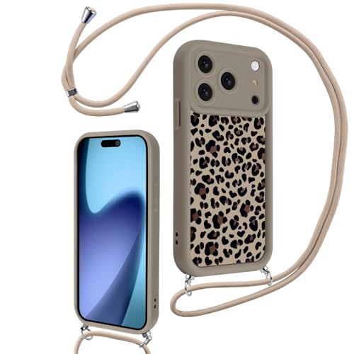 Votvloay Funda Cuerda para iPhone 17 Pro MAX 6,9', Colgante Correa Cordón Cadena Collar Carcasa Lindo Leopardo Dibujos Mujer Case, Suave Silicona TPU Antichoque Cover para iPhone 17 Pro MAX, Caqui