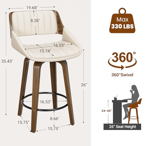 Image of YaFiti Bar Stools Set of 4, 26 inch Swivel Counter Height Barstools with Bentwood Back and Legs, Mid Century Modern Upholstered Faux Leather Counter Stools for Kitchen Island, Dining Room, Cream White