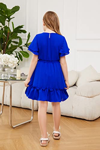 Jeskids Girls Flutter Short Sleeve Scoop Neck Smocked Elastic Waist Tiered Ruffle Casual Summer Midi Dress Royal Blue 8-9 Years #TOP2