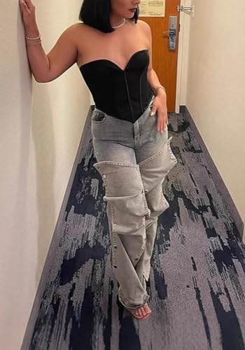 LETSVDO Women's High Waisted Cargo Jeans Straight Wide Leg Baggy Detachable Patchwork Asymmetrical Stretch Denim Pants4