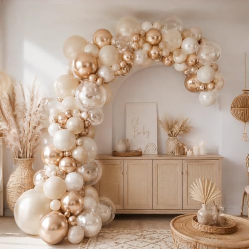 Image of Cream White, Ivory Beige Balloons - Metallic Gold, Pearl White Sand - Neutral & Boho Decorations for Engagement, Baby Shower
