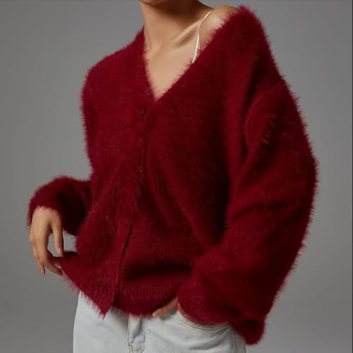 Image of Womens Fuzzy Sweaters Cardigan V-Neck Button Down Oversized Mohair Sweater Casual Y2k 2026 Fall Winter