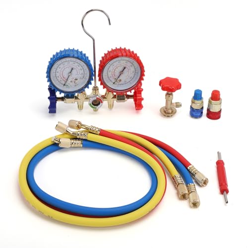 Juego de manómetros para refrigerante R12, kit de carga HVAC para R134a, R22 y R502 con mangueras duales para diagnóstico automotriz y doméstico, núcleo de válvula estable y protección contra impactos miniatura 4