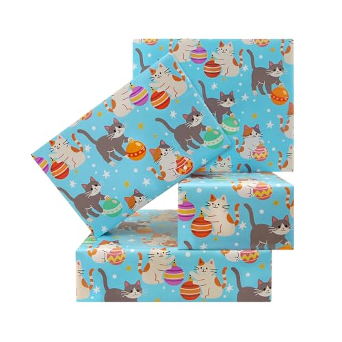 Papier cadeau de Noël chat bleu 100 x 70 cm Boerni pour grand emballage
