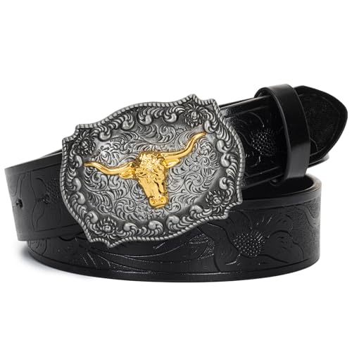 Western Cowboy PU Leather Belt - Men Waist Strap Bull Decoration Floral Engraved for Jeans 25" to 38" Waist