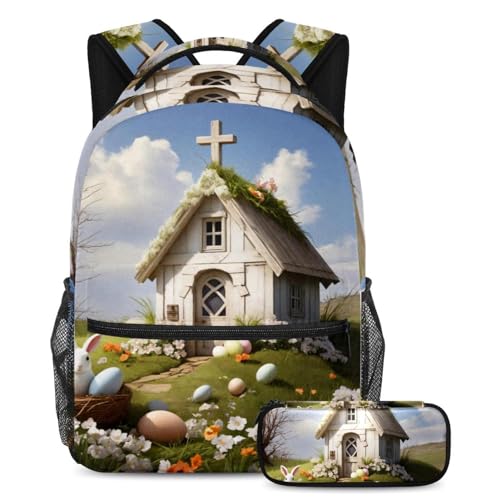 Sac à livres de voyage haut de gamme motif maison blanche de Pâques avec trousse assortie