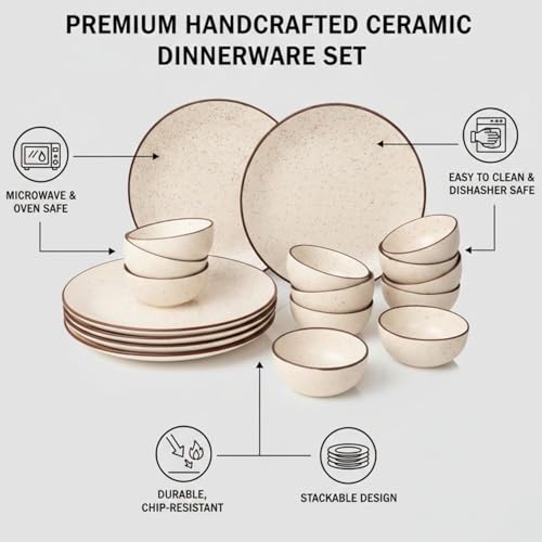 Image of Freakway Ceramic Dinner Set, 18 Pieces, Handcrafted Speckled Matte Finish, Microwave and Dishwasher Safe