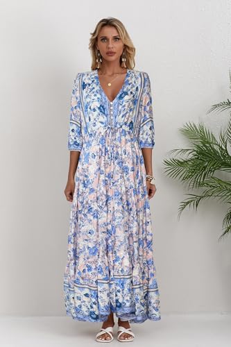 Image of Women Short Sleeve V Neck Floral Print Casual Bohemian Maxi Dresses