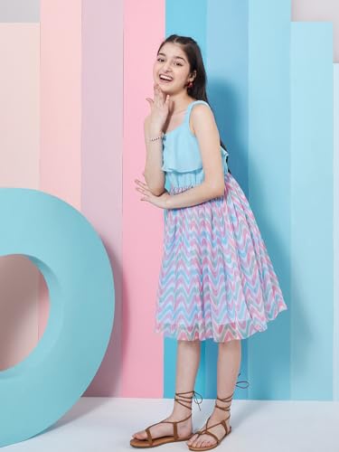 Image of Pspeaches Girl's Geometric Printed Georgette Fit & Flare Blue Dress Trendy Style