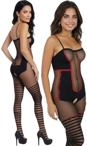 Image of ToBeInStyle Women's Assorted Bodystocking Sheer Opaque or Fishnet Crotchless Lingerie Bodysuit