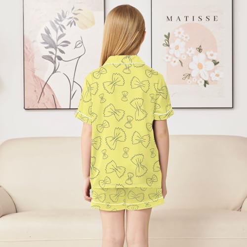 Satin Pajama Sets Short Sleeve Bow Tie Pasta Yellow Pattern Button Down Silky Nightwear 2 Piece PJS 5-14Y4