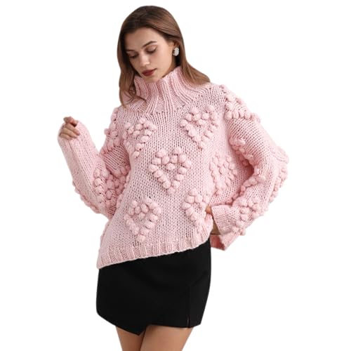 Image of CHICWISH Womens Turtleneck Sweater Heart Pom Pom Pullover Sweaters Long Sleeve Loose Chunky Knit Sweater Tops
