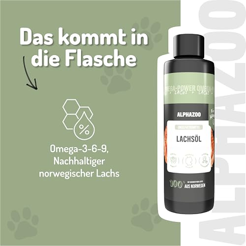 alphazoo Premium Lachsöl Hunde 100 ml, Omega 3 & 6 Fischöl für Hunde - abgefüllt in Deutschland, Barf Öl, Fellpflege Hund