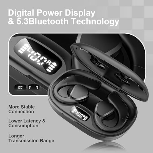 Image of TTQ Open Ear Headphones, Bluetooth 5.3 Open Ear True Wireless Earbuds, Sports Earbuds with Earhooks, 60H Playtime, Wireless Charging Case & LED Display, IP66, Running Workout (Black)