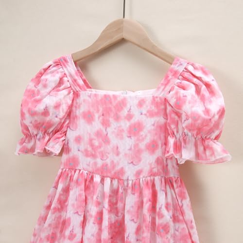 Girls Floral Dress Puffed Sleeves Boho Dresses Ruffle Casual Summer Square Neck Dressy Frocks for Kids Girls 7-12Y4