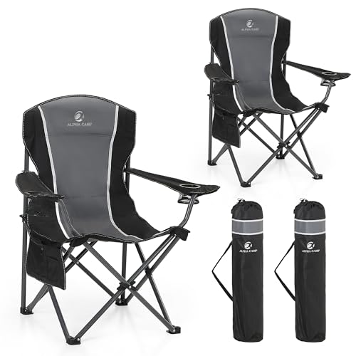 ALPHA CAMP Silla plegable de camping para personas pesadas, portátil, resistente, soporta 160 kg, silla de campamento de gran tamaño para adultos con portavasos y bolsillo lateral, color negro y gris,