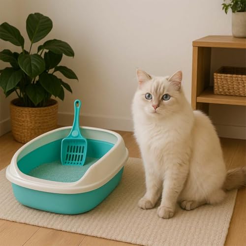 Image of PETS EMPIRE Cat Litter Box Tray with Free Scooper - Semi-Closed Design, Durable Quality, Suitable for All Adult Cats & Kittens, Green