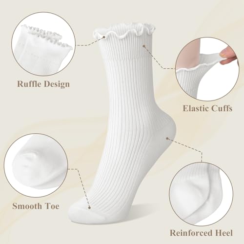 6 Pairs Cute Floral Ruffle Crew Socks Women, Breathable Cotton Novelty Casual Girls Above Ankle Funny Socks US 5-103