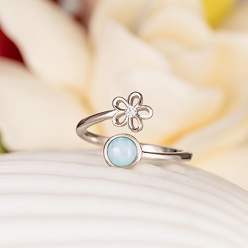925 Sterling Silver Plumeria Flower and Full Moon, Cubic Zirconia, Adjustable Easy Resize Wrap Around Bypass Ring Eternity Band, Blue White Opal Larimar, Hypoallergenic Nickel Free, with Gift Box2