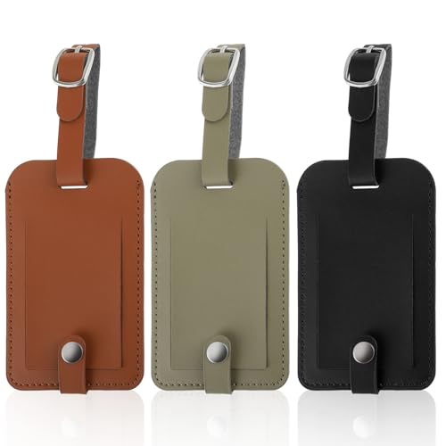Ouligay Paquete de 3 etiquetas de cuero para equipaje, etiquetas de identificación de equipaje negras para maletas de hombres y mujeres, bolsas de viaje, cruceros (negro, marrón, gris)