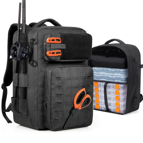 WEPLAN Mochila de pesca com suporte de vara, bolsa grande de 50 L para pesca, mochila militar impermeável para acampamento, presentes de pesca para homens, preta