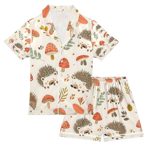 senya Hedgehog Mushrooms Satin Summer Pajama Sets Silk Short Sleeve Button Down Sleepwear