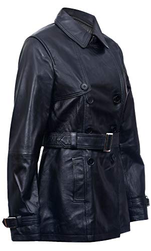 Ladies Leather Trench Coat Black Mid Length Coat Classic Jacket3