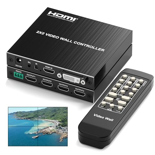 2x2 HDMI Video Wall Controller, Ultra HD 4K DVI TV Wall Processor, 1 in 4 Out, 180° Rotating, Edge Blending, RS232 & IR Remote Control for Projector Computer Monitor Gaming