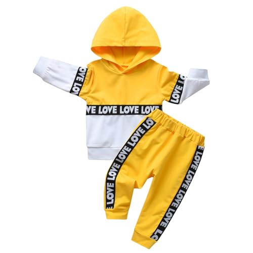 Image of Rebey Toddler Infant Baby Boy Girl Clothes Long Sleeve Color Block Love Hoodie Tops Sweatsuit Pants Outfit Set