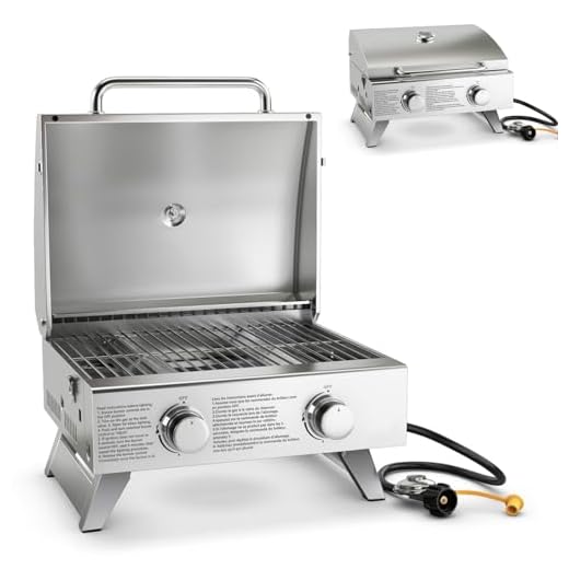 Giantex Portable Gas Grill with 2 Burner, Max. 20,000 BTU total, Folding Legs, Built-in Thermometer, Travel Locks, Stainless Steel Tabletop Propane Gas Grill for Camping Picnic Cookout RV BBQ