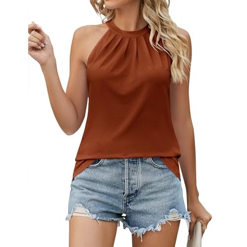 Ivicoer Tank Top for Women Pleated High Neck Halter Tops Casual Sleeveless Shirts Loose Fit S-XXL