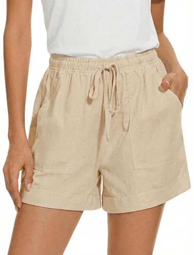 Enmain Short Beige Femme Ete Fluide Bermuda Lin Femme Taille Elastique Shorts Gaze de Coton pour...