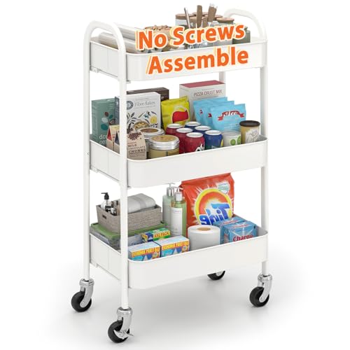 Sekey 3 Tier Metal Rolling Cart, No Screws Assemble Kitchen Cart, White Utility Cart on Wheels, Mini Rolling Carts for Small Spaces, Bathroom Storage, Bedside, Office, Food, Snack, Craft