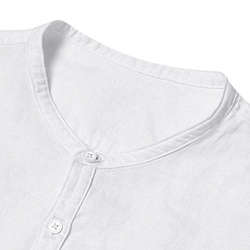 Beokeuioe Camiseta de manga corta para hombre, camiseta de lino para verano, algodón holgado, lino, monocolor, moda, ocio, verano, informal, manga corta, transpirable y cómoda, Blanco, M