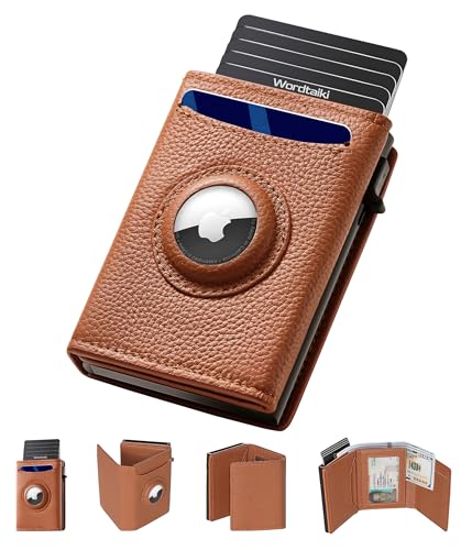 Mens Smart Wallet for AirTag, Pop-up Wallet Slim Minimalist Compatible with Apple Air Tag Holder,Genuine Leather RFID Blocking| 9-14 Card Capacity | ID Window | Cash Slot