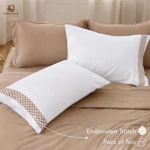 Image of Pure Cotton 500 TC Bag Type Pillow Cover Set | Greek Embroidered Pillow Cover Set | Percale Weave | 18 X 27 Inches (2, Beige Lattice Border)