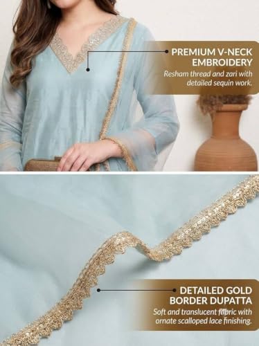 Image of Women Kurta Set with Dupatta | Embroidered Straight Kurta Pant Set for Women | Ethnic Festive Party Suit Set | Net Chanderi Fabric Kurti Set