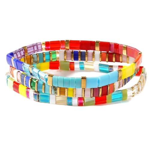 Ustome Boho Tila Flat Square Stackable Beaded Bracelets Set for Women Men, Romantic Handmade Healing Stretch Accessories Colorful Jewelry,Party Holiday Friendship Gift