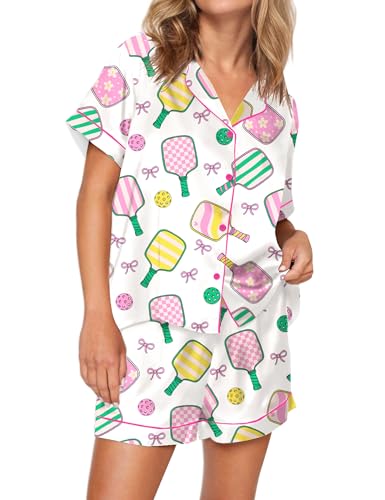 Image of SHESHOW Pajamas for Women Set Satin Button Down Short Sleeve Top and Shorts Pjs Sets Sport Ball Print Sleepwear XS-XXL