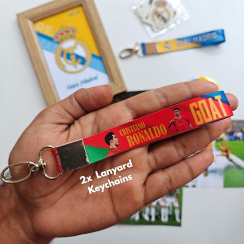 Image of TenorArts Real Madrid Gift Box Merchandise for Fans - 5x7 Inches Laminated Photo Frame, 2 Keychain, 1 Badge, 4 4x6 inches Sized Posters, 15+ Multi sized Players Stickers - 5 items in 1 Box