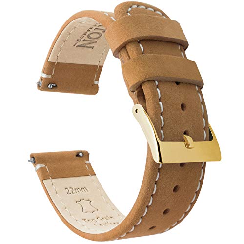 [BARTON WATCH BANDS] ジンジャーブレッド/リネンステッチ - クイックリリース レザー ゴールドバックル 腕時計バンド ストラップ 20mm ジンジャーブレッドレザー/リネン ホワイトステッチ (ゴールドバックル)