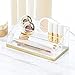 mDesign Plastic 4 Tier Cosmetic Palette Organizer with 4 Compartments for Bathroom Vanity, Countertop or Cabinet to Hold Makeup, Lipstick, Eyeliner, Beauty Accessories - Clear/Soft Brass