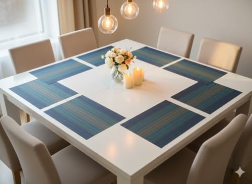 Image of YELONA Placemats Set of 8, Heat-Resistant Woven Vinyl Table Mats, Non-Slip & Washable Dining Tablemats for Kitchen & Dinner Decor, Blue (45cm x 30cm)