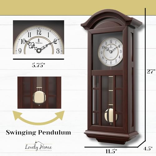 Pendulum Wall Clock - 27 inch Wooden Hanging Grandfather Wall Clock with Pendulum - Real Wood, Quiet, Non-Chiming & Battery Operated for Living Room Decor, Office & Home Décor Gift