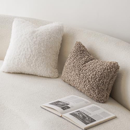 Image of Foindtower Set of 2 Curly Teddy Wool Pillow Covers Decorative Boucle Textured Lumbar Throw Pillow Faux Fur Pillowcases Sheepskin Cushion Case for Sofa Bedroom Car 12 inchx20 inch Khaki