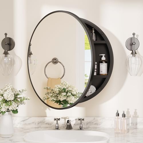 Image of TETOTE 20 x 20 Inch Medicine Cabinet Mirror Black Framed Round Mirrored Medicine Cabinets for Bathroom Adjustable Shelves Modern Bathroom Mirror with Storage Wall Mounted