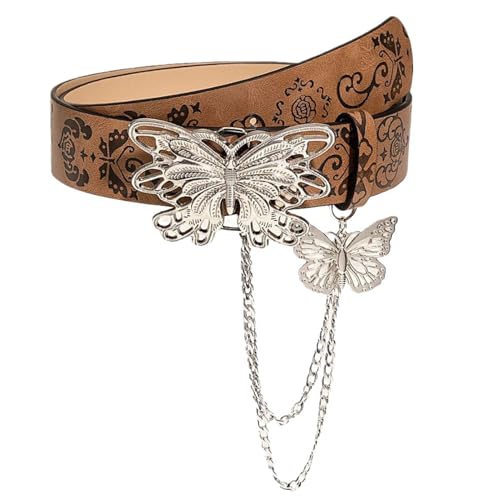 AGUTALITHIC Western Belts with Butterfly Chain Embossed Floral Pattern Strap Engraved Buckle with Snap-Butterfly Hollow Style(110cm/43, Brown)