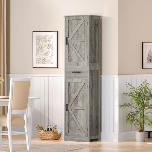 WEENFON Tall Bathroom Cabinet, Storage Cabinet with 6 Shelves & Drawer, Bathroom Storage Cabinet with Adjustable Shelves, Tall Cabinet for Living Room, Home Office, Grey