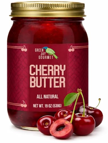 Green Jay Gourmet Cherry Butter - All-Natural, Gluten-Free Fruit Spread - Cherry Spread with Fresh Cherries - Gourmet Fruit Butter - No Corn Syrup, Preservatives or Trans-Fats - 19 Ounces