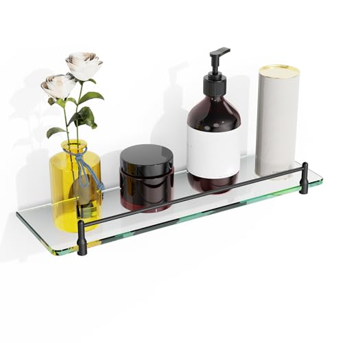 KOCOK Glass Bathroom Shelves,Matte Black Floating Shelves for Wall Rectangular
